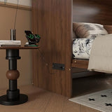 KEIKI Queen Size Murphy Bed Cabinet with Power Station & Large Drawer, Pine Wood Folding Chest Bed with Rattan Panel, Space-Saving Wall Bed, Walnut KEIKI