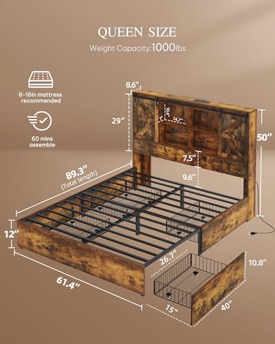 DWVO Farmhouse Queen Size Bed Frame with Storage Bookcase Headboard, Sliding Barn Door, 4 Storage Drawers, RGB LED Bed Frame with USB Charging Station, No Box Spring Needed, Rustic Brown - WoodArtSupply