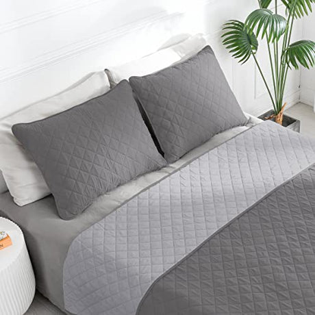 Easy-Going Full/Queen Size Reversible Quilt Set with 1 Quilt and 2 Pillow Shams, Soft Bed Quilt Cover, Lightweight Microfiber Bedspread, Water and Stain Resistant, Gray/Light Gray Easy-Going