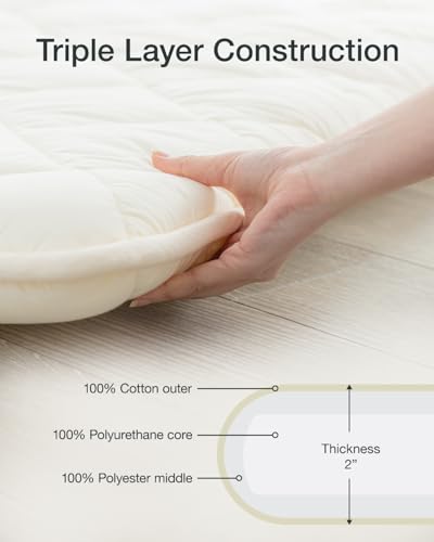 FULI Japanese Futon, King Size, White - Foldable Shikibuton Floor Bed - Medium Firm Quilted Cotton Sleeping Pad, Portable Roll-Up Japanese Floor Bed for Guests & Small Spaces FULI