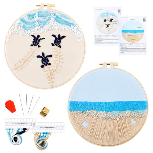 Embroidery Kit for Beginner Adults, Stamped Cross Stitch kits for Adults Beginners, Ocean Hand Embroidery Starter Needlepoint Kit, 2 Set Embroidery Supplies, 2 Hoops (Attached Teaching Video QR Code)