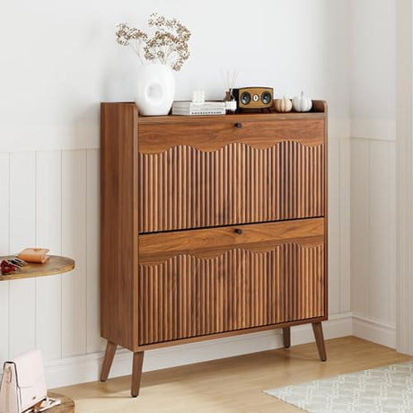 Bifins Shoe Storage Cabinet with 2 Flip Doors, 31.5" Narrow Fluted Design for Space Saving, Freestanding Entryway Shoe Organizer for Hallway & Living Room (Walnut) Bifins