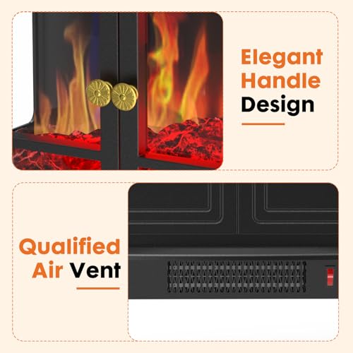 Sweetcrispy Freestanding Electric Fireplace Heater, 26”Two Door Fireplace with 3D Flame Effect, Overheating Safe Design, Energy Saving Space Heater with 12H Timer&Remote for Living Room, Bedroom,Black Sweetcrispy