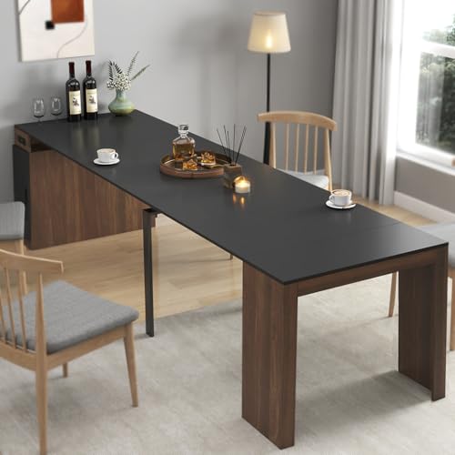 Hennhari Extendable Dining Table for 8-12 People, Expandable Console Table with Power Outlet for Dining Room & Living Room, Space Saving Kitchen Table with Extension Leaves Holder (Walnut Black) Hennhari