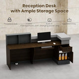 Laxodor 86.6“L-Shaped Reception Desk with Counter,Modern Reception Desk,Front Counter Table with Adjustable File Cabinet & Keyboard Tray,for Office, Hotel,Financia/Law Firms (Brown+Gray+White) Laxodor
