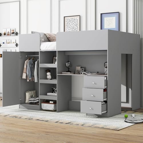Harper & Bright Designs Full Size Loft Bed with Desk, Wood Full Loft Bed Frame with Built-in Wardrobe, Storage Shelves and Drawers, Gray Harper & Bright Designs