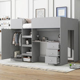 Harper & Bright Designs Full Size Loft Bed with Desk, Wood Full Loft Bed Frame with Built-in Wardrobe, Storage Shelves and Drawers, Gray Harper & Bright Designs