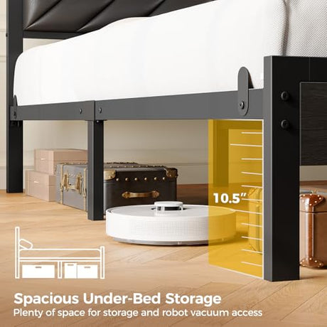 Seventable King Size Bed Frame with Charging Station & LED Lights, Upholstered Headboard with 2-Tier Storage Shelves, Metal Platform with Under Bed Storage, No Box Spring Needed, Easy Assembly, Black Seventable