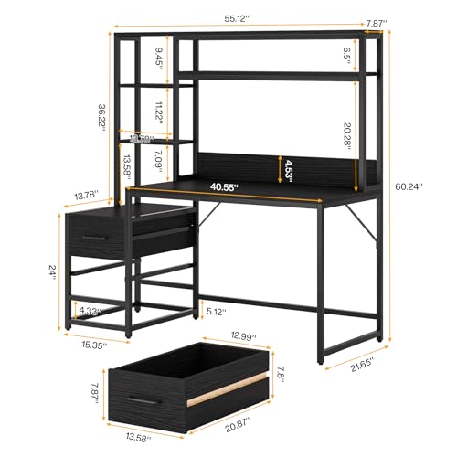 Tribesigns 55 Inch Computer Desk with 2 Drawers and Storage Shelves, Rustic Office Desk with Hutch, Study Writing Gaming Table Laptop Workstation for Home Office (Black) Tribesigns