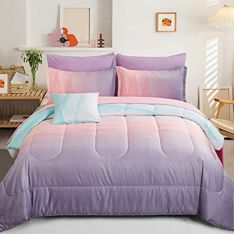 Dinjoy Reversible Girls Comforter Set Full Size Colorful Ombre Blue Pink Purple Rainbow Bedding Set 7 Pieces Bed in A Bag for Kids Teen Girls Women(1 Comforter, 1 Flat Sheet, 1 Fitted Sheet) Dinjoy