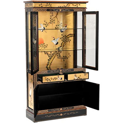 Red Lantern Artisan Crafted Lacquer Curio Cabinet - Gold Leaf with Hand Painted Cranes, Two Door