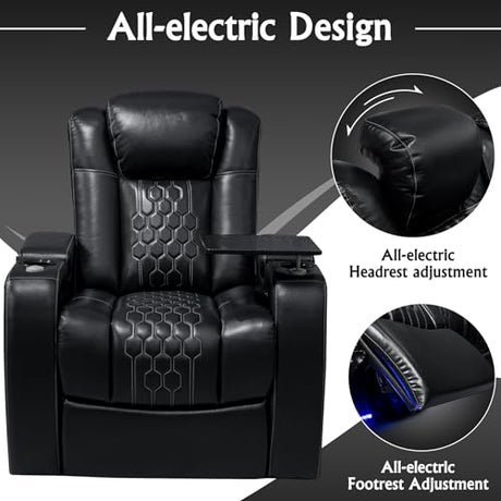 NMXUXMN Home Theater Seating,Top-Grain Leather Recliner Sofa, Zero Gravity Power Reclining Couch with Ambient LED Lights, Cup Holders & USB, Tray Table-Single Black NMXUXMN