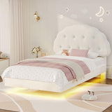 Decofy Cookie Full Upholstered Bed Frame with LED Lights, Floating Bed Frames with Adjustable Headboard and Raised Footboard for Princess/Prince Bedroom, Teddy Velvet（White） Decofy