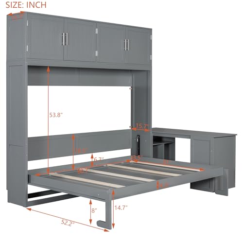 Merax Queen Size Wall Murphy Bed with Desk and Storage Shelves and Big Cabinets for Guest Room, Bed Room, Guest Room, Home Office, Gray Merax