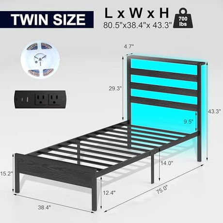 J.Fkne Twin Bed Frame with Headboard, Platform Bed with LED & Charging Station, Heavy Duty Metal Slats, No Box Spring Needed, Noise Free, Easy Assembly, Black J.Fkne