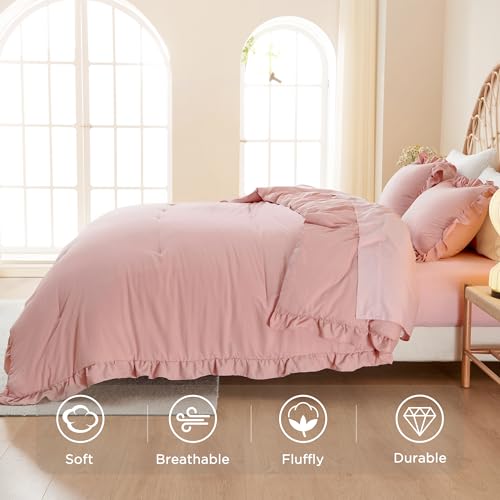 Litanika Full Size Comforter Sets, 3 Pieces Blush Pink Ruffle Girls Women Cute Bedding Comforters & Sets, Lightweight Fluffy Microfiber as Gift (79x90In Comforter & 2 Pillowcases) Litanika