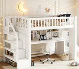 Bellemave Twin Loft Bed with Stairs and Movable Desk and Shelves, Wood Loft Bed with Storage Stairs for Kids, Teens, Adults, White Bellemave