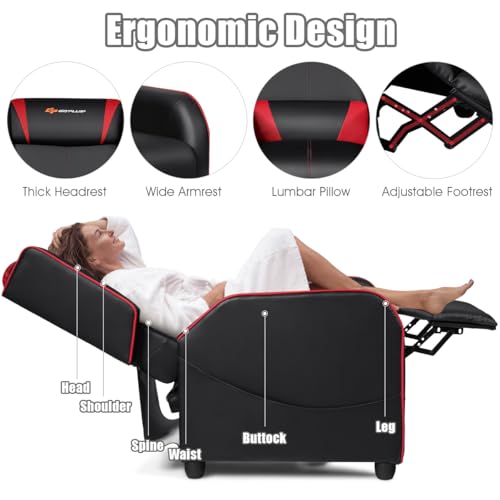 Goplus Massage Gaming Recliner Chair, Racing Style PU Leather Single Recliner Sofa with Footrest, Adjustable Modern Living Room Recliners, Ergonomic Home Theater Recliner Seat (Red)