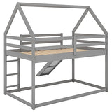 MERITLINE Twin Over Twin House Bunk Beds with Slide, Low Floor Bunk Bed for Kids, Girls, Boys,Grey MERITLINE