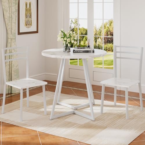 VECELO Small Round Dining Table Set for 2, Wood Tabletop with Strong Metal Frame, Modern Dinette with Chairs for Kitchen, Breakfast Nook Living Room, Faux Marbled & White VECELO