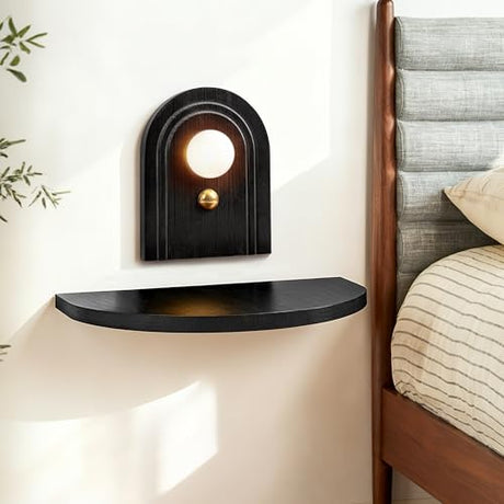 AELS Mid-Century Modern Floating Shelf with Rechargeable Type-C LED Wall Light, Space-Saving Wooden Wall Mounted Bedside Shelf for Bedroom or Dorm, Black AELS
