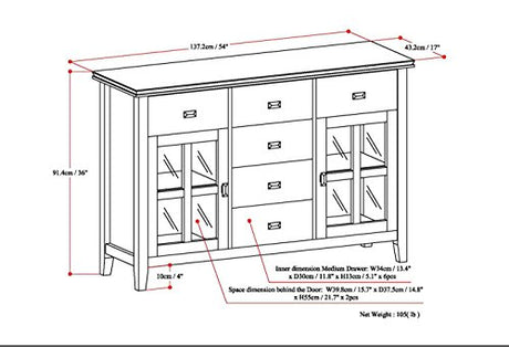 SIMPLIHOME Artisan Solid Pine Wood 54 inch Contemporary Sideboard Buffet Credenza in Russet Brown features 2 Doors, 6 Drawers and 2 Cabinets with Large storage spaces SIMPLIHOME
