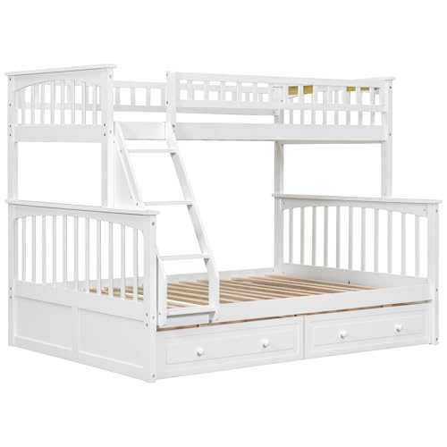Harper & Bright Designs Convertible Wood Twin Over Full Bunk Bed with 2 Storage Drawers and Ladder - Can Be Divided Into Two Daybeds, White Harper & Bright Designs