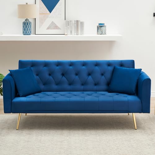 71" Modern Velvet Sofa Bed Futon, Convertible Sleeper Couch with Adjustable Backrest, Tufted Recliner Loveseat with Golden Chrome Legs & 2 Pillows for Small Spaces, Living Room, Apartment (Blue) Generic