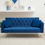 71" Modern Velvet Sofa Bed Futon, Convertible Sleeper Couch with Adjustable Backrest, Tufted Recliner Loveseat with Golden Chrome Legs & 2 Pillows for Small Spaces, Living Room, Apartment (Blue) Generic