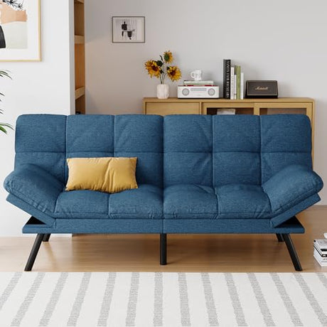 AMICLIBER Futon Sofa Bed Convertible Couch, Blue Linen Sofa Bed with Memory Foam, Adjustable Backrest & Armrests, Multifunctional Small Loveseat Sleeper Sofa for Living Room, Apartment, Office AMICLIBER