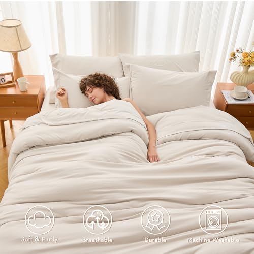 MUXHOMO 7 Pieces Queen Comforter Set, Soft Bed in a Bag Queen Size, All Season Bedding Set with Comforter, Flat Sheet, Fitted Sheet, Pillowcases & Shams, Beige MUXHOMO