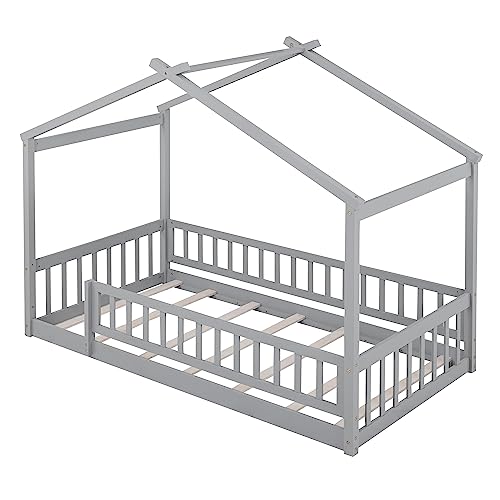 NicBex Gray Wood Family-Friendly Canopy Loft Bed Frame for Queens NicBex