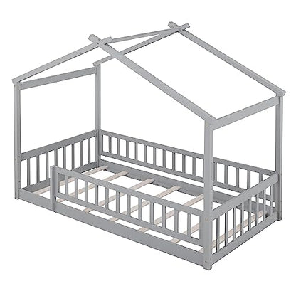 NicBex Gray Wood Family-Friendly Canopy Loft Bed Frame for Queens - WoodArtSupply