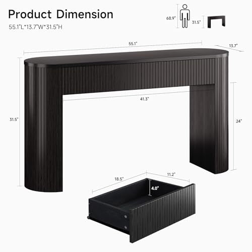 55 Inch Console Table with 2 Drawers, Fluted Entryway Tables with Storage, Sofa Table Behind The Couch, Hallway Tables, Mid-Century Modern Foyer Table for Entryway, Hallway, Living Room, Black ONBRILL