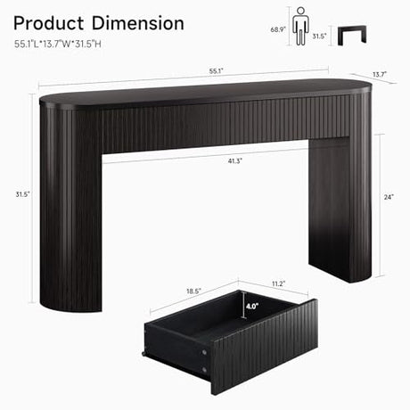 55 Inch Console Table with 2 Drawers, Fluted Entryway Tables with Storage, Sofa Table Behind The Couch, Hallway Tables, Mid-Century Modern Foyer Table for Entryway, Hallway, Living Room, Black ONBRILL