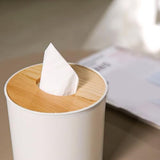 Bamboo Lid Round Tissue Holder Box 5x5'' – Decorative Toilet Paper Roll Dispenser & Dryer Sheet Case – Space-Saving Wood Organizer for Bathroom - for Paper Rolls Under 5 inches only BuleVina
