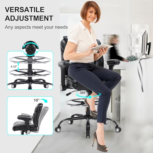 OLYFING Drafting Chair, Tall Office Chair with Adjustable Armrests PU Leather Standing Desk Chair with Adjustable Foot Ring,Comfy Mid-Back High Office Chair for Counter Height Desk, Black OLYFING