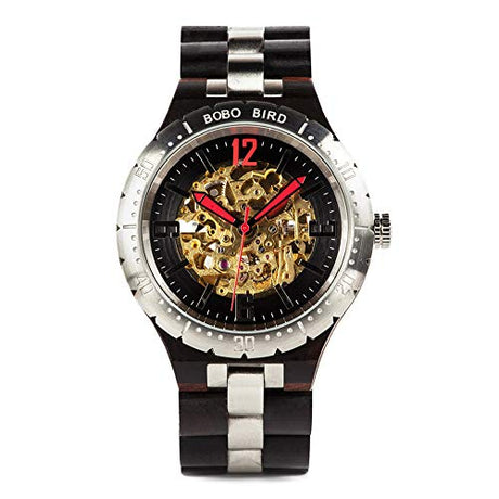 BOBO BIRD Brand Design Mens Wooden Automatic Mechanical Watches Multifunction Business Luxury Wood Watch for Men (Black) BOBO BIRD