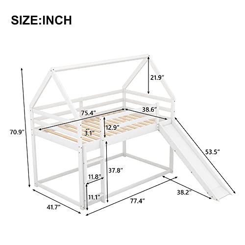 DreamBuck Twin Over Twin House Bunk Bed with Convertible Slide and Safety Guardrail in White - WoodArtSupply