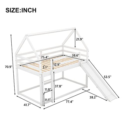 DreamBuck Twin Over Twin House Bunk Bed with Convertible Slide and Safety Guardrail in White - WoodArtSupply