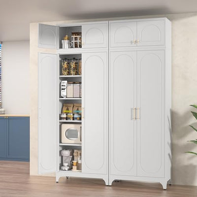 Polup Kitchen Pantry Cabinet, 90" Tall Metal Pantry Cabinet, Food Cupboards with Doors and Shelves, Freestanding Storage Cabinets for Dining, Living Room, 16"D x 32"W x 90"H, White, Assembly Required