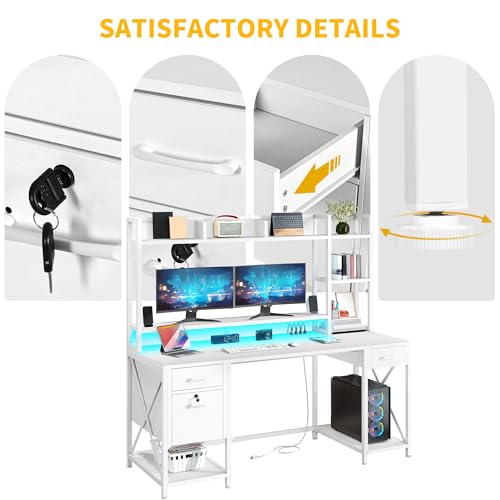 DWVO Computer Desk with Drawers & Hutch, 59.1" Office Desk with Power Outlets & LED Lights, Home Office Desk with Storage Shelves, White DWVO