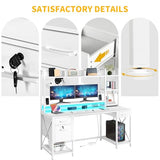 DWVO Computer Desk with Drawers & Hutch, 59.1" Office Desk with Power Outlets & LED Lights, Home Office Desk with Storage Shelves, White DWVO