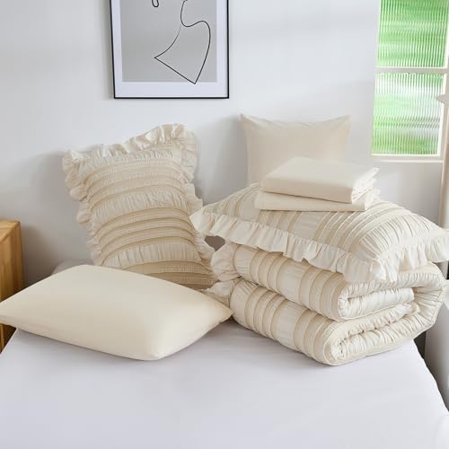 Beige Comforter Set Full Size 7 Pieces, Boho Tufted Ruffle Bed in a Bag, Seersucker Textured Bedding Set for Girls 90"×78" WONGS BEDDING