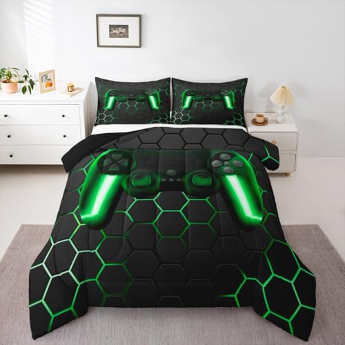 Game Bedding Sets for Boys,Gaming Comforter Set Full,Kids Gamer Duvet Set Neon Lights Gamepad Bed Set for Teen Men Bedroom,geometric Honeycomb Hexagon Comforter with 2 Pillow Shams,Green Grey Erosebridal