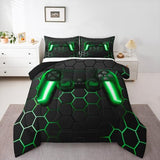 Game Bedding Sets for Boys,Gaming Comforter Set Full,Kids Gamer Duvet Set Neon Lights Gamepad Bed Set for Teen Men Bedroom,geometric Honeycomb Hexagon Comforter with 2 Pillow Shams,Green Grey Erosebridal
