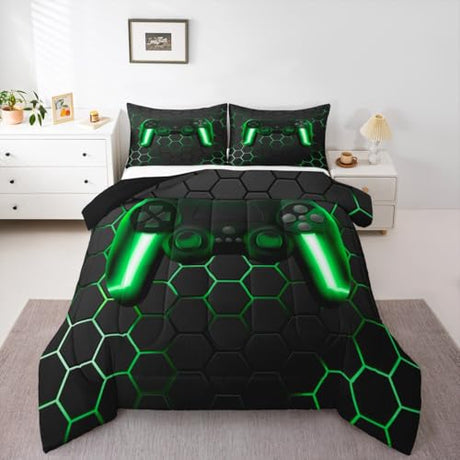 Game Bedding Sets for Boys,Gaming Comforter Set Full,Kids Gamer Duvet Set Neon Lights Gamepad Bed Set for Teen Men Bedroom,geometric Honeycomb Hexagon Comforter with 2 Pillow Shams,Green Grey Erosebridal