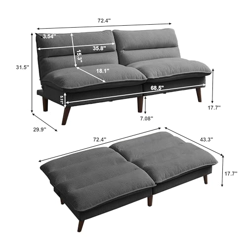 Futon Sofa Bed, 72" Convertible Futon Couch with 3-Level Adjustble Backrest, Modern Loveseat Couch, Folding Recliner Sleeper Sofa for Small Spaces, Living Room, Apartment, Guest Room, Dark Grey Enobala