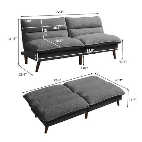 Futon Sofa Bed, 72" Convertible Futon Couch with 3-Level Adjustble Backrest, Modern Loveseat Couch, Folding Recliner Sleeper Sofa for Small Spaces, Living Room, Apartment, Guest Room, Dark Grey Enobala