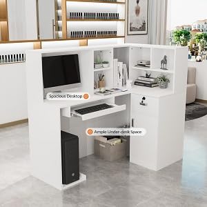 LEADZM Reception Desk, L Shaped Standing Front Desk Reception with Counter, Lockable Drawers & Adjustable Shelf for Salon Office, White(55.9"" W x 18.9"" D x 48"" H), LZRD001 LEADZM